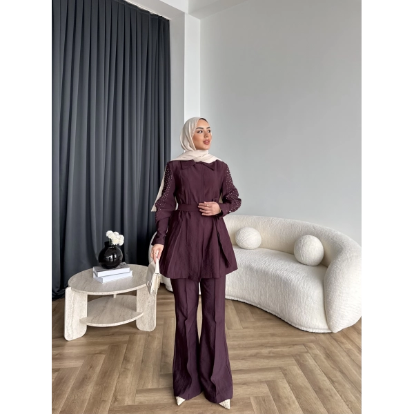 Fuş - Lisor Kol Taş Detay Takım - Bordo