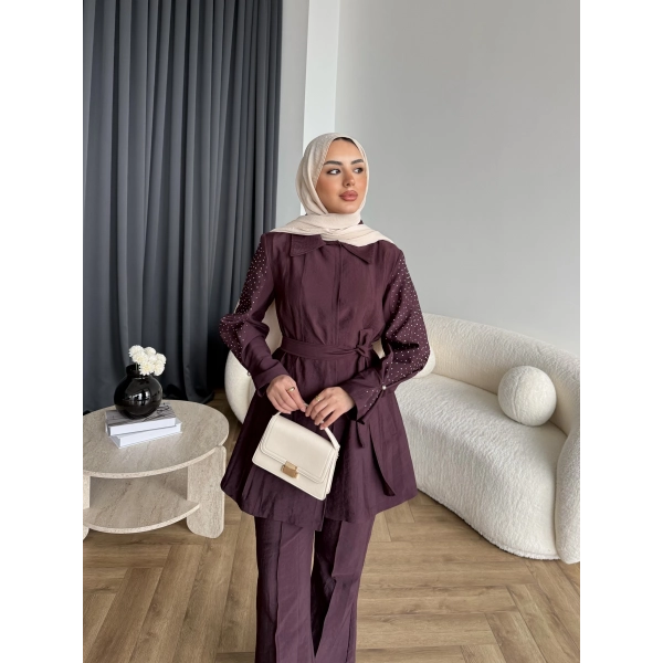 Fuş - Lisor Kol Taş Detay Takım - Bordo