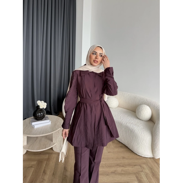 Fuş - Lisor Kol Taş Detay Takım - Bordo