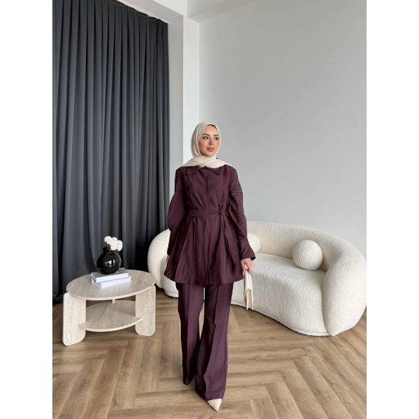 Fuş - Lisor Kol Taş Detay Takım - Bordo