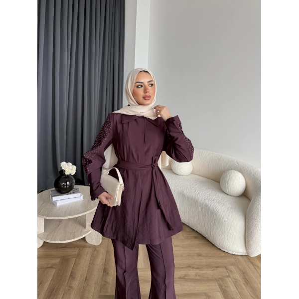 Fuş - Lisor Kol Taş Detay Takım - Bordo