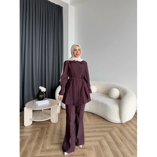 Fuş - Lisor Kol Taş Detay Takım - Bordo