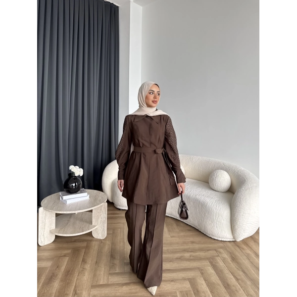 Fuş - Lisor Kol Taş Detay Takım - Kahve