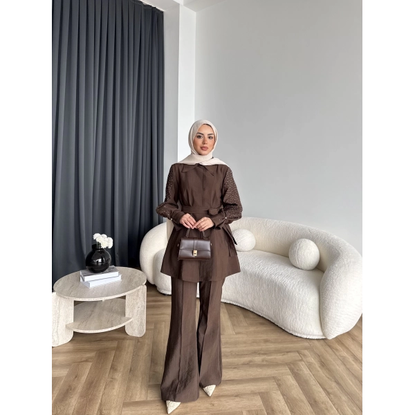 Fuş - Lisor Kol Taş Detay Takım - Kahve