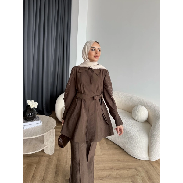 Fuş - Lisor Kol Taş Detay Takım - Kahve