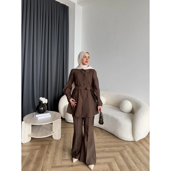 Fuş - Lisor Kol Taş Detay Takım - Kahve