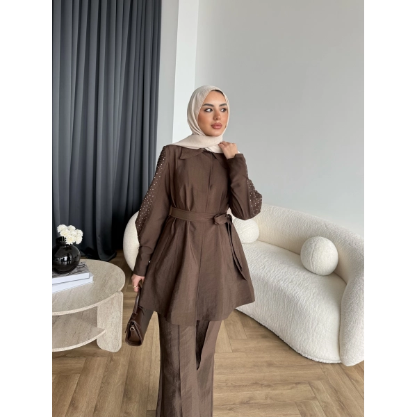 Fuş - Lisor Kol Taş Detay Takım - Kahve