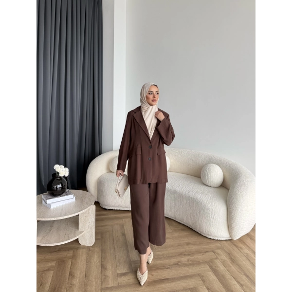 Mav - Moza Düğmeli Takım - Kahve