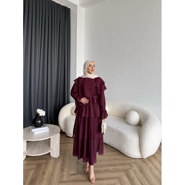 Tb - Dosha Fırfır Detay Elbise - Bordo