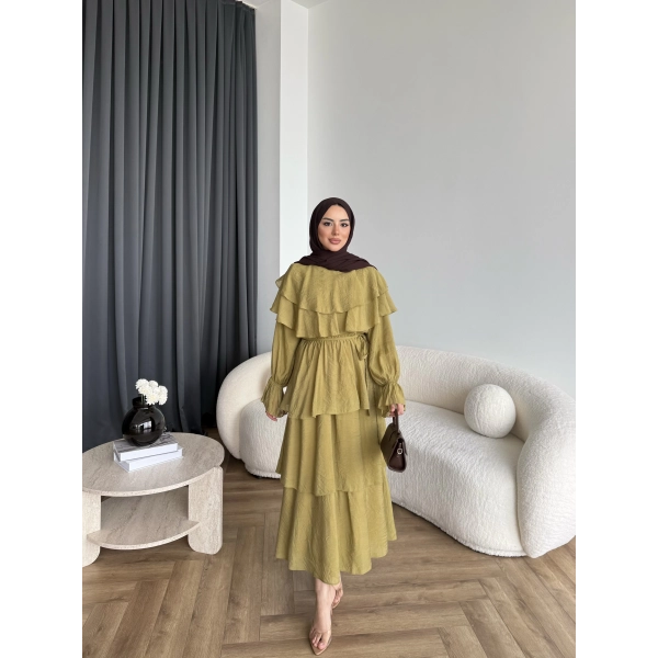 Tb - Dosha Fırfır Detay Elbise - Yağ Yeşili