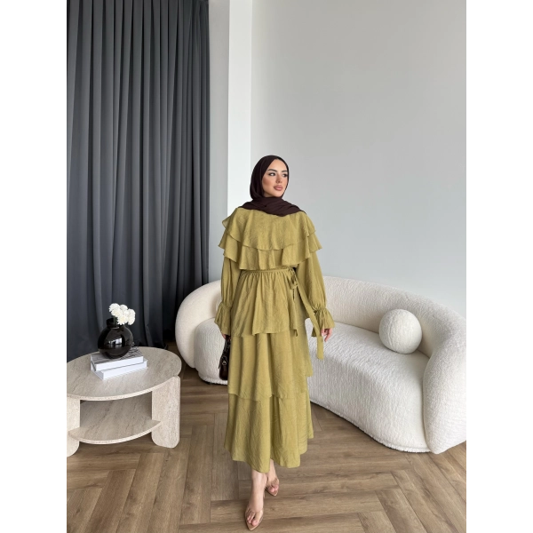 Tb - Dosha Fırfır Detay Elbise - Yağ Yeşili