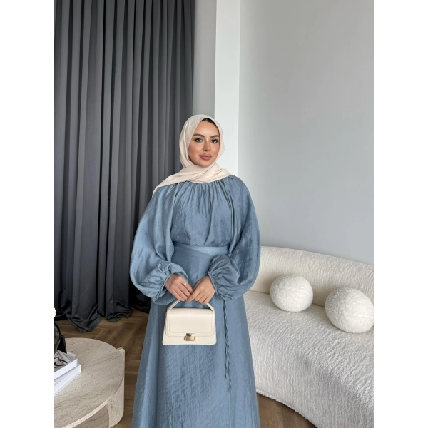 Qu - Balon Kol Etekli Takım - İndigo