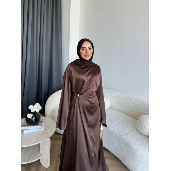 Hen - Volan Saten Elbise - Acı Kahve