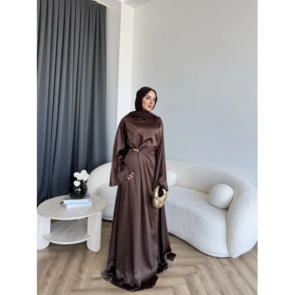 Hen - Volan Saten Elbise - Acı Kahve