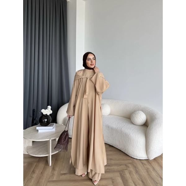 Bel - Zyra Omuz Şallı Yırtmaçlı Takım - Camel