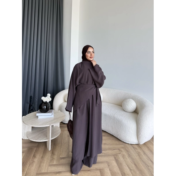 Bel - Zyra Omuz Şallı Yırtmaçlı Takım - Kahve