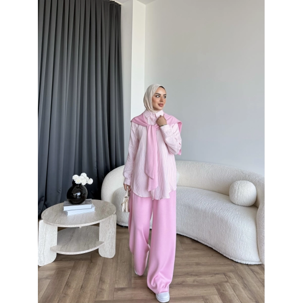 Pwn - Felan Çizgi Detay Atkılı Oysh Takım - Pembe