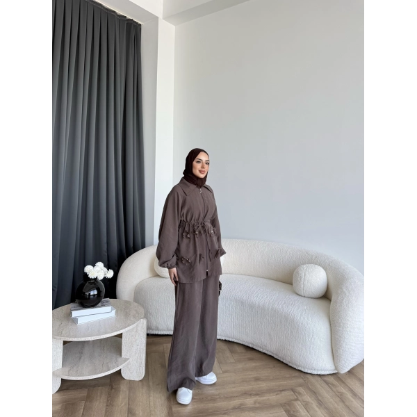 Pwn - Çiçek Desen Modal Takım - Kahve