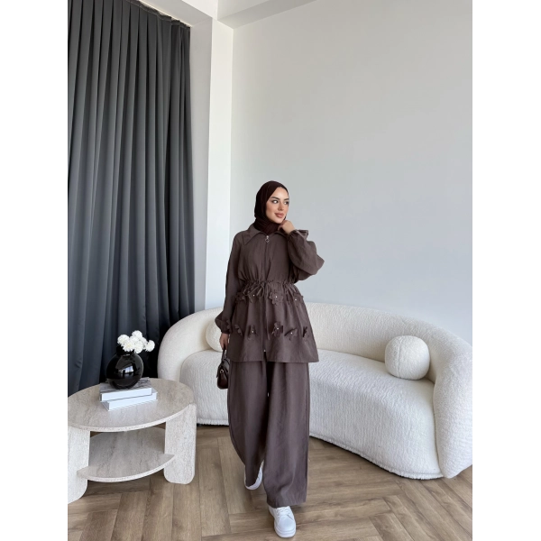Pwn - Çiçek Desen Modal Takım - Kahve