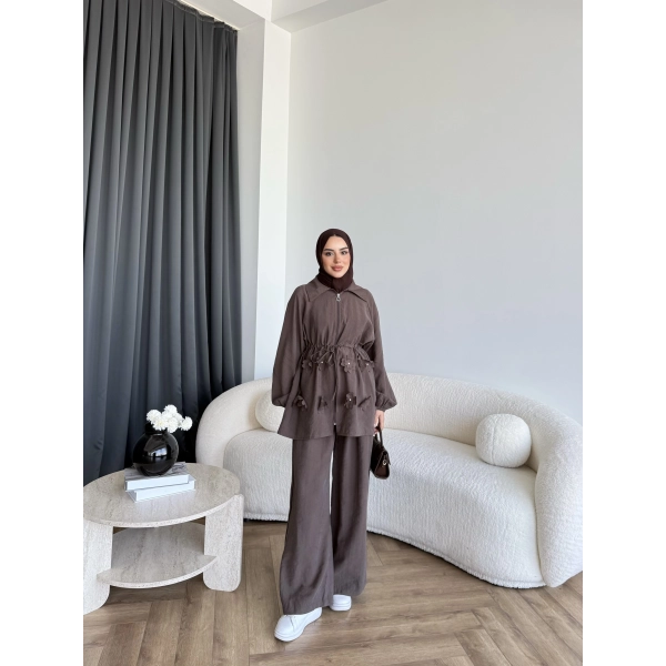 Pwn - Çiçek Desen Modal Takım - Kahve