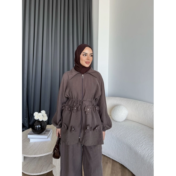 Pwn - Çiçek Desen Modal Takım - Kahve