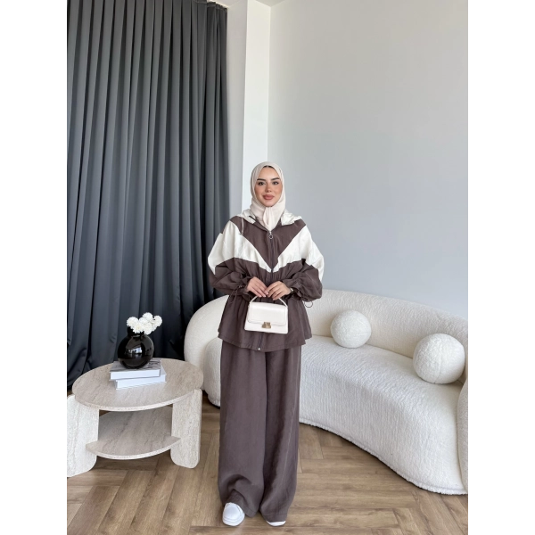 Pwn - Hanly Çizgi Detaylı Modal Takım - Kahve
