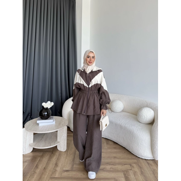 Pwn - Hanly Çizgi Detaylı Modal Takım - Kahve
