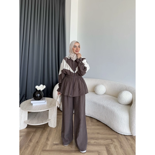 Pwn - Hanly Çizgi Detaylı Modal Takım - Kahve