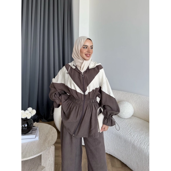 Pwn - Hanly Çizgi Detaylı Modal Takım - Kahve