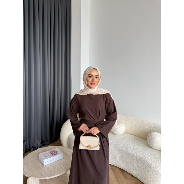 Adeny Krep Kumaş Elbise - Kahve