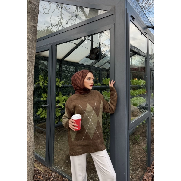 Baklava Dilim Triko Kazak - Kahve