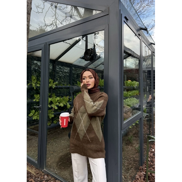 Baklava Dilim Triko Kazak - Kahve