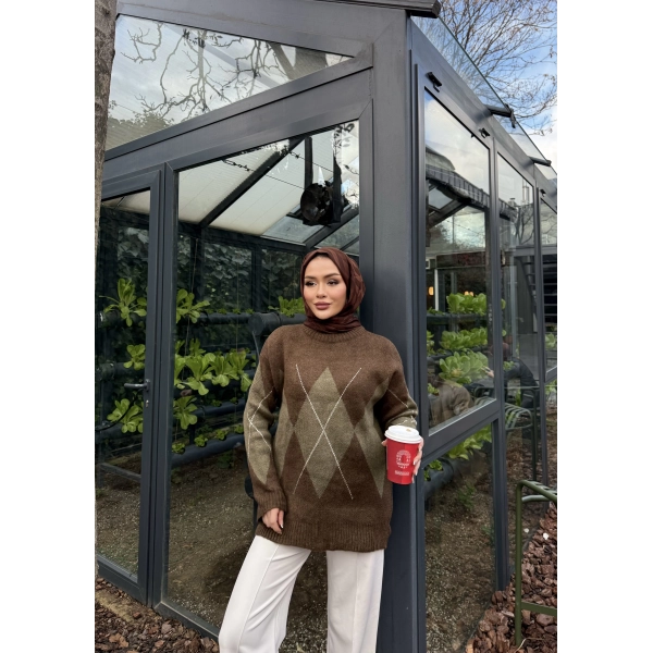 Baklava Dilim Triko Kazak - Kahve