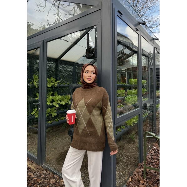 Baklava Dilim Triko Kazak - Kahve