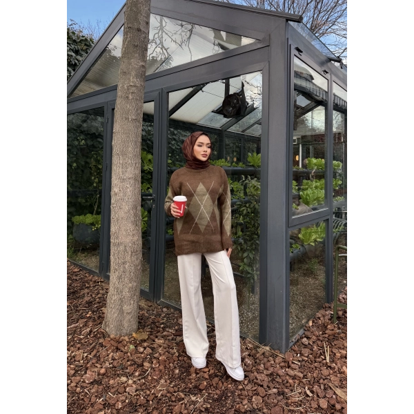 Baklava Dilim Triko Kazak - Kahve