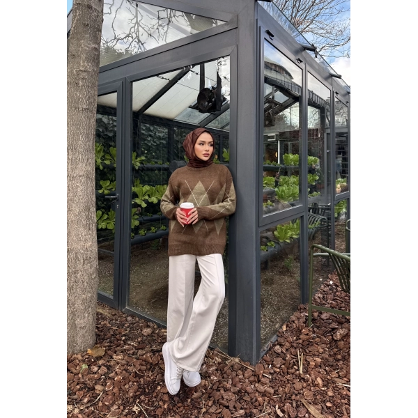 Baklava Dilim Triko Kazak - Kahve