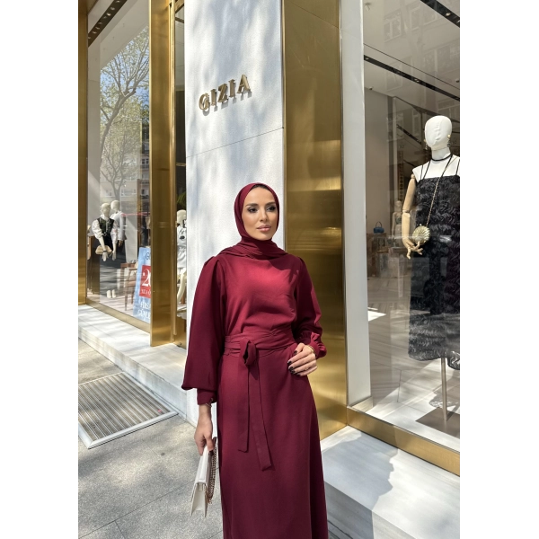 Balon Kol Krep Elbise - Bordo