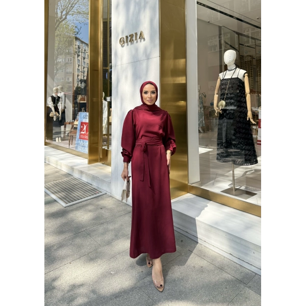 Balon Kol Krep Elbise - Bordo