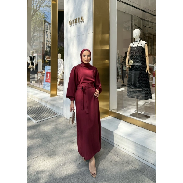 Balon Kol Krep Elbise - Bordo