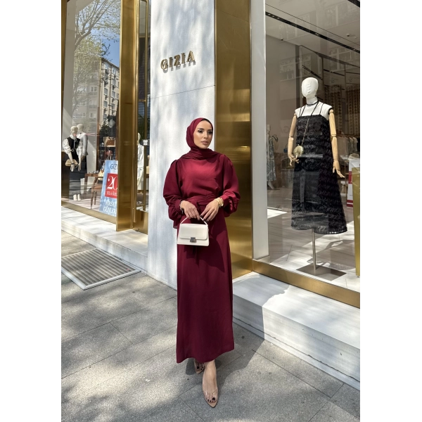 Balon Kol Krep Elbise - Bordo