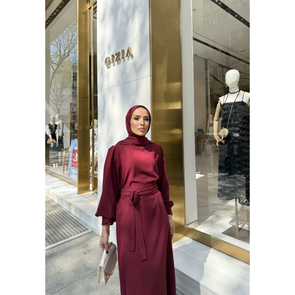 Balon Kol Krep Elbise - Bordo