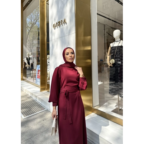 Balon Kol Krep Elbise - Bordo