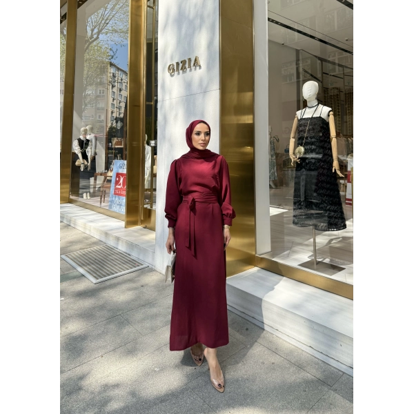 Balon Kol Krep Elbise - Bordo