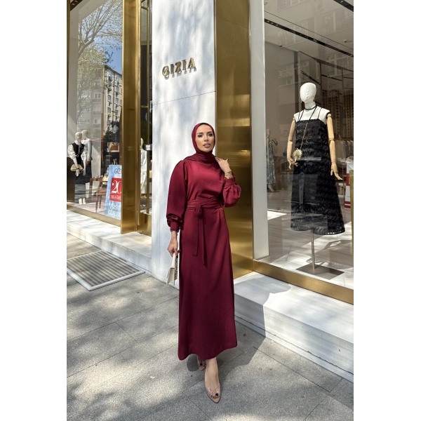 Balon Kol Krep Elbise - Bordo