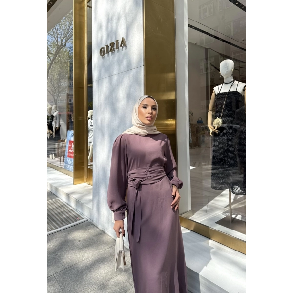 Balon Kol Krep Elbise - Gül Kurusu