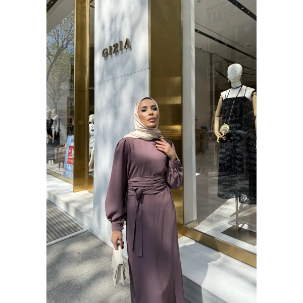 Balon Kol Krep Elbise - Gül Kurusu