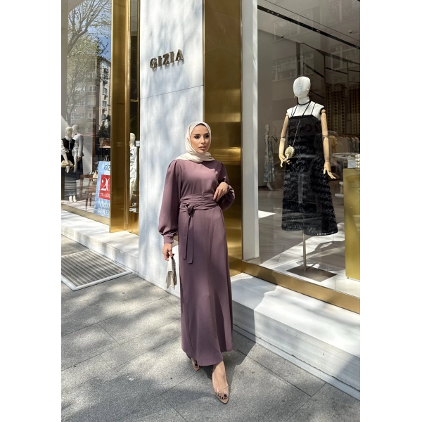 Balon Kol Krep Elbise - Gül Kurusu