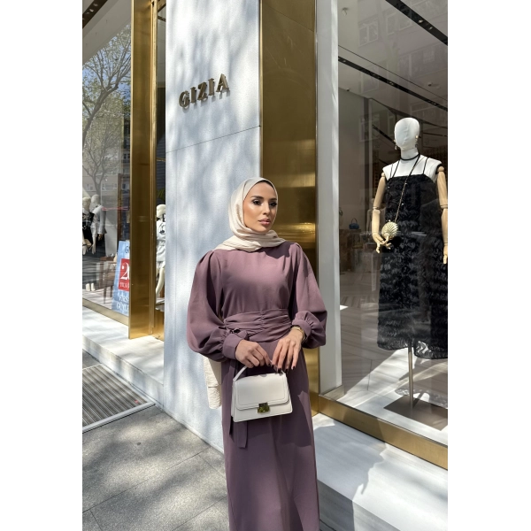 Balon Kol Krep Elbise - Gül Kurusu