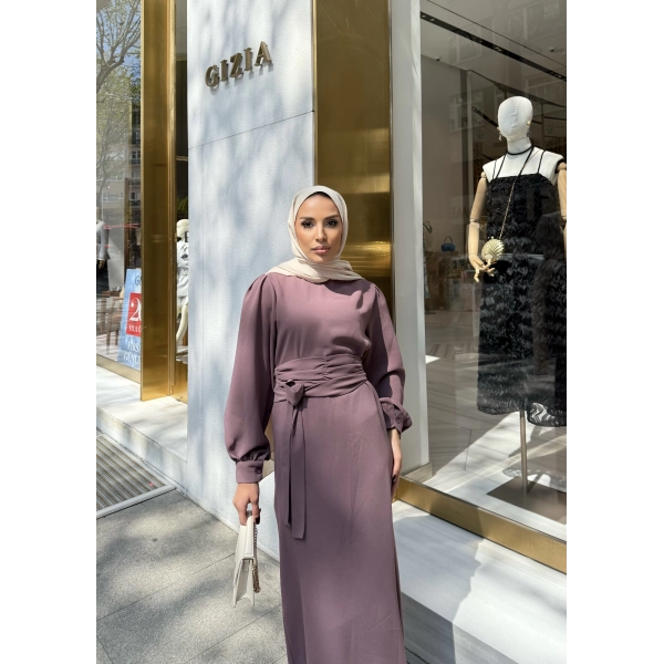 Balon Kol Krep Elbise - Gül Kurusu