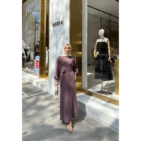 Balon Kol Krep Elbise - Gül Kurusu